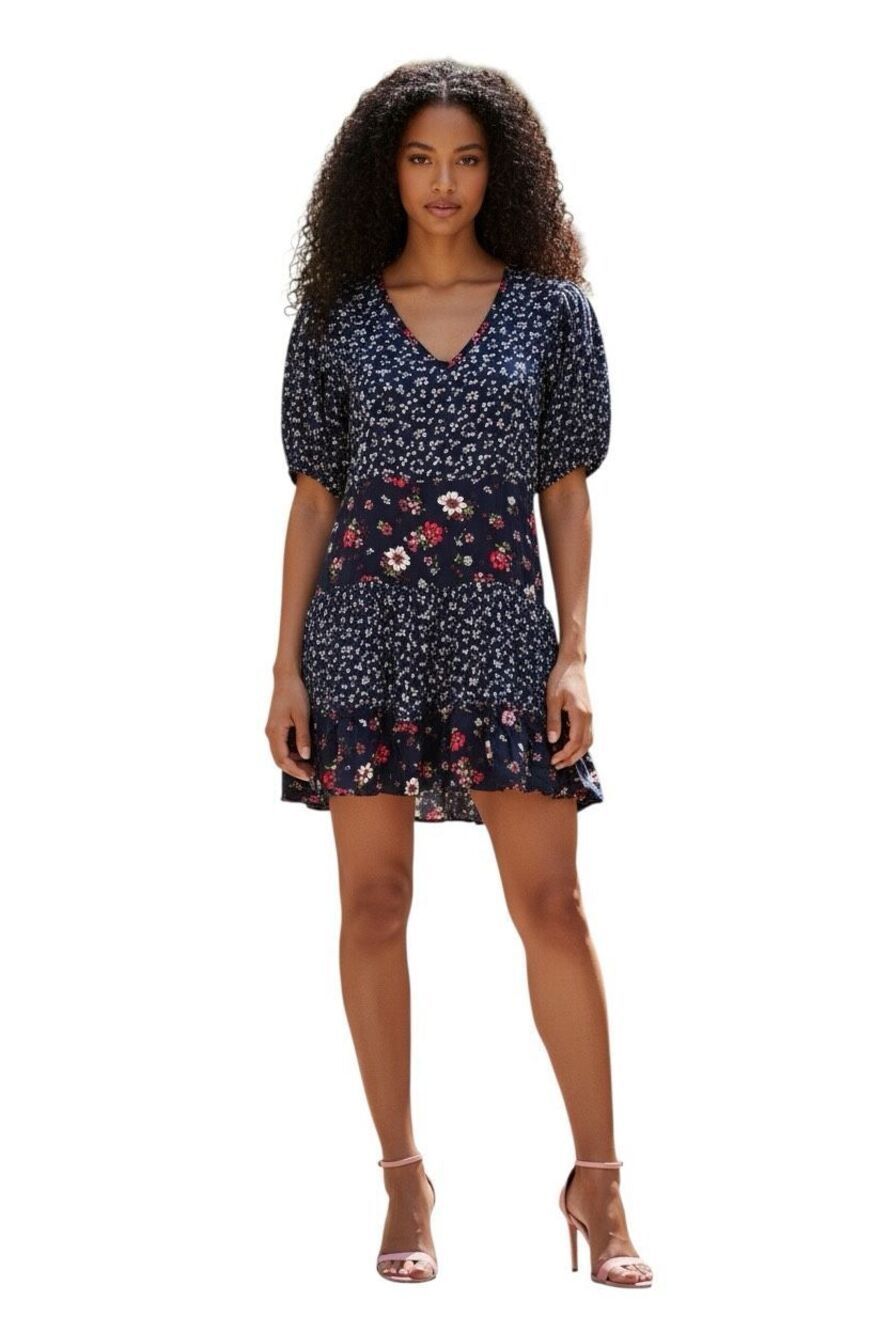 Velvet Torch NWT Blue Floral Mini Dress Puff Sleeve V-Neck Keyhole Back Sm D-1